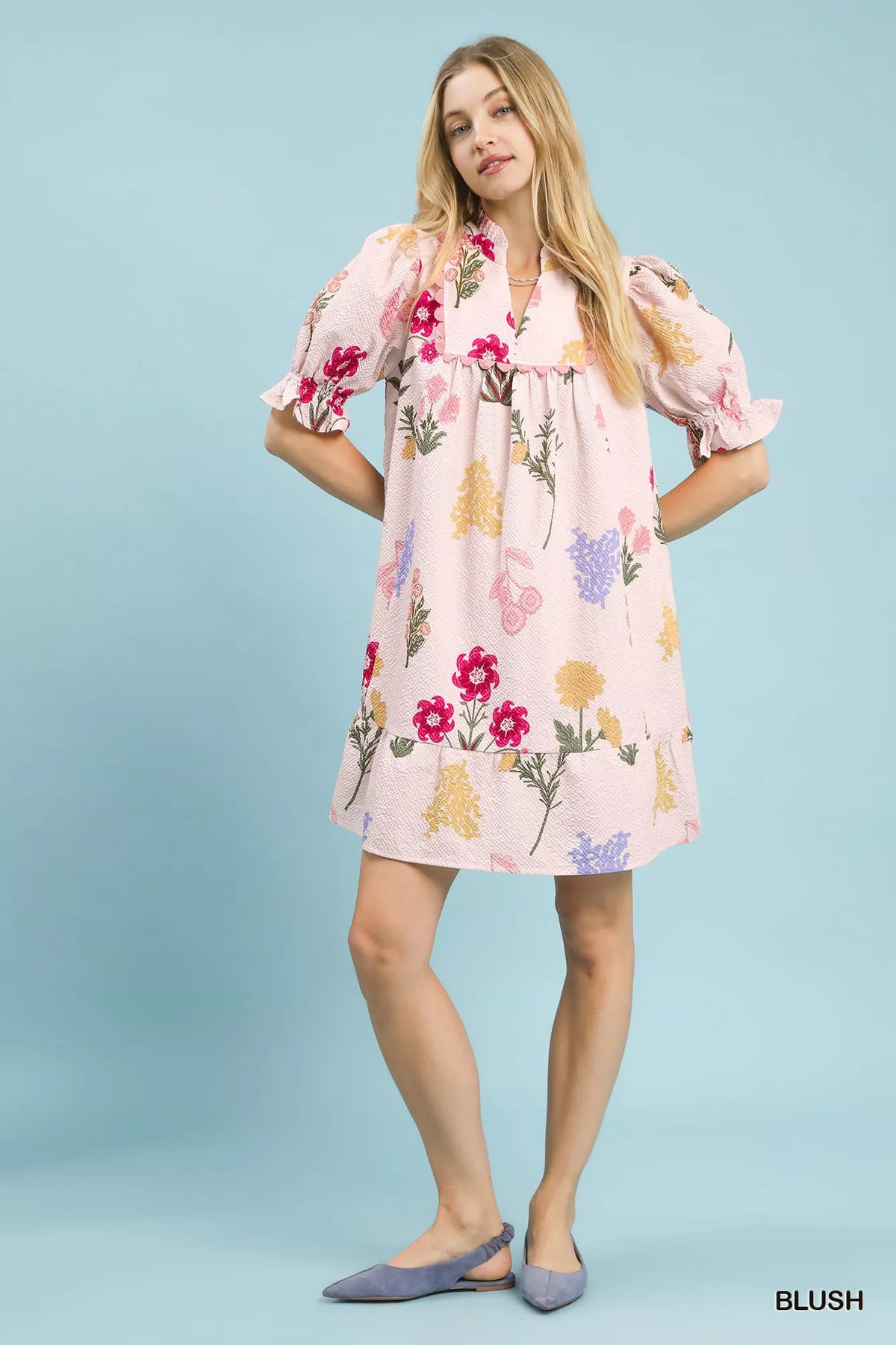 Umgee Multi Flower Print V-Neck Dress