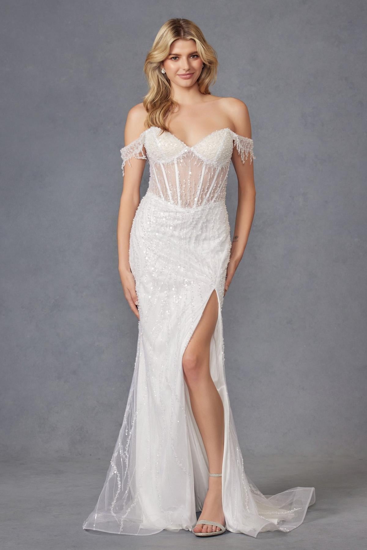 Juliet JT2471LW Long Off the Shoulder Fringe Sleeve Fitted Wedding Gown