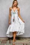 POL Embroidered Detail Tassel Tie Smocked Waist Midi Tiered Cami Dress