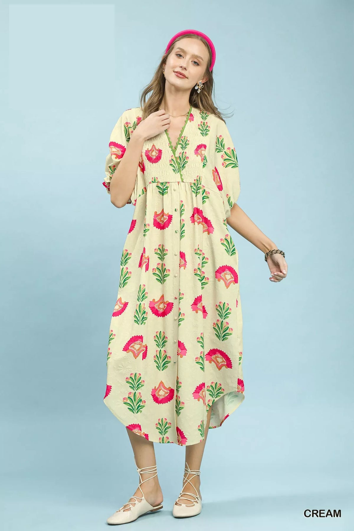 Umgee Abstract Print V-Neck Midi Dress