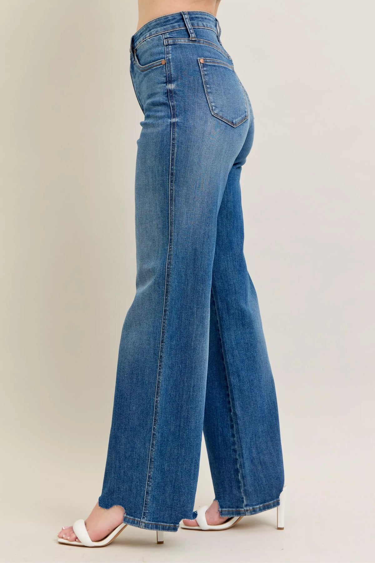 Judy Blue Full Size High Waist Tummy Control Chew Hem Destroyed Wide Jeans Plus Size