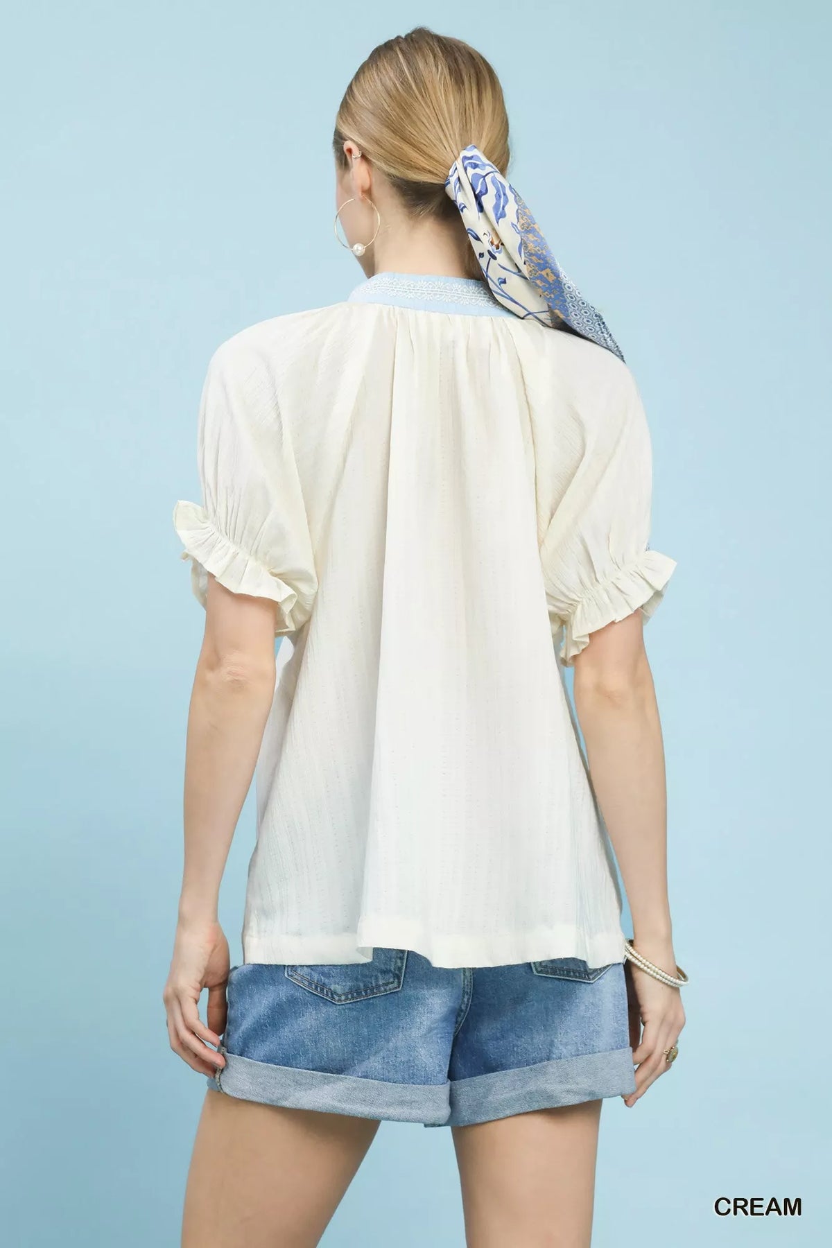 Umgee Textured V-Neck Top with Lace Trim Details