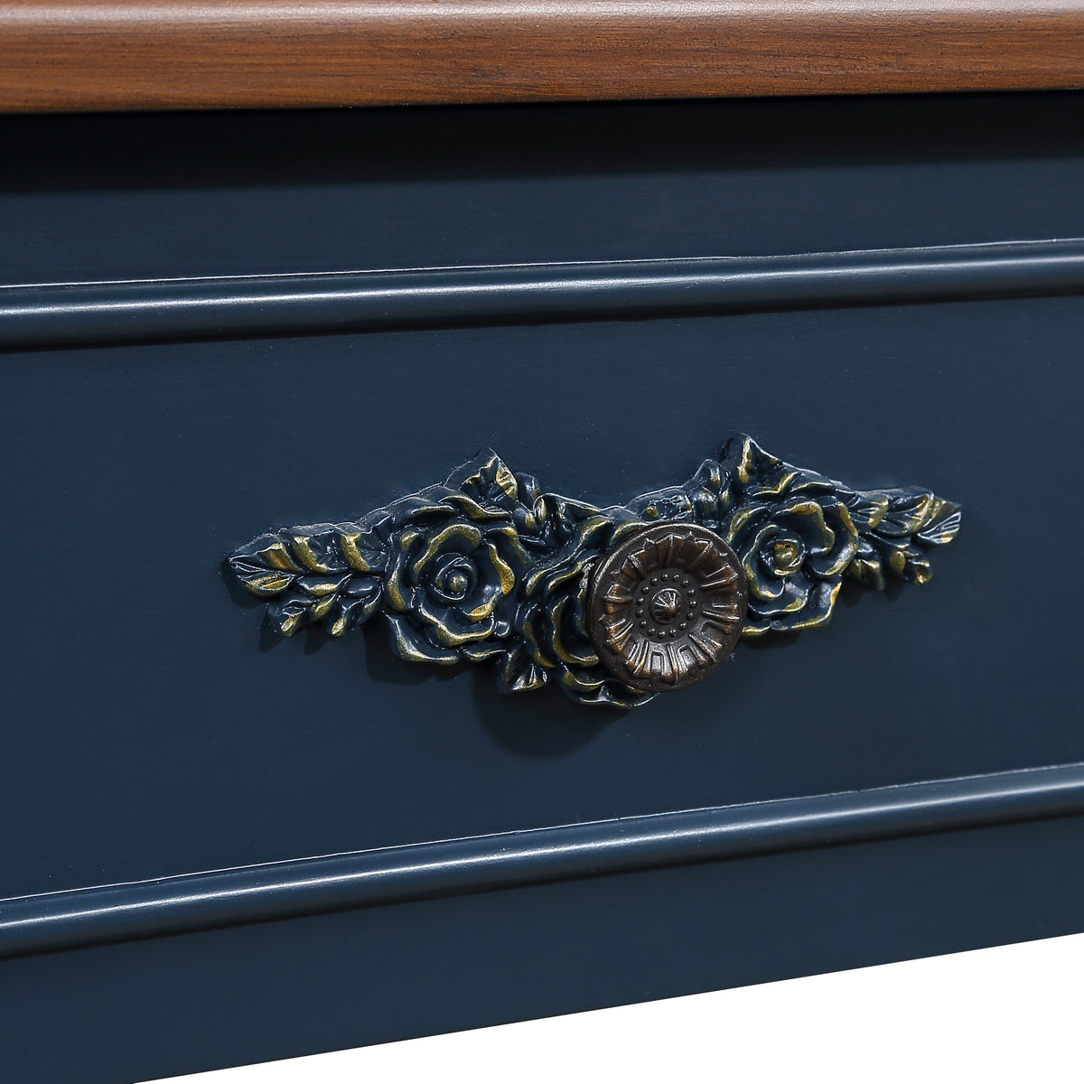 Retro Curved Wood Console Table, 52 inch Circular Half Moon Sofa Table with Open Shelf and 2 Drawers, Solid Wood Entry Table for Living Room, Hallway, Navy Blue + Brown Top