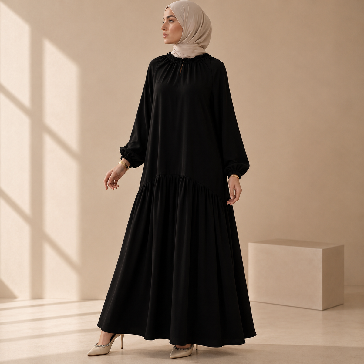 Ruffle Trim Pleated Relaxed Maxi Dress with Waist Tie(MA424)