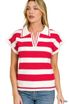 Zenana Striped Collared Short Sleeve Sweater