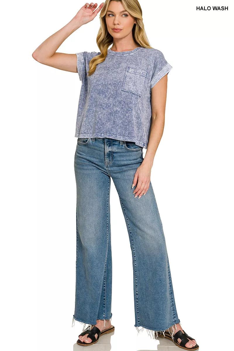 Zenana Halo Snow Washed Cotton Cuffed Short Sleeve Top