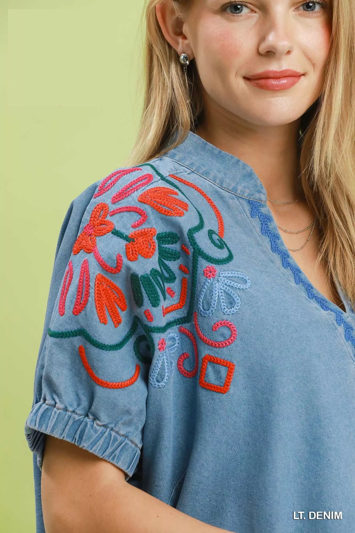 Umgee Embroidered Denim Puff Sleeve Top