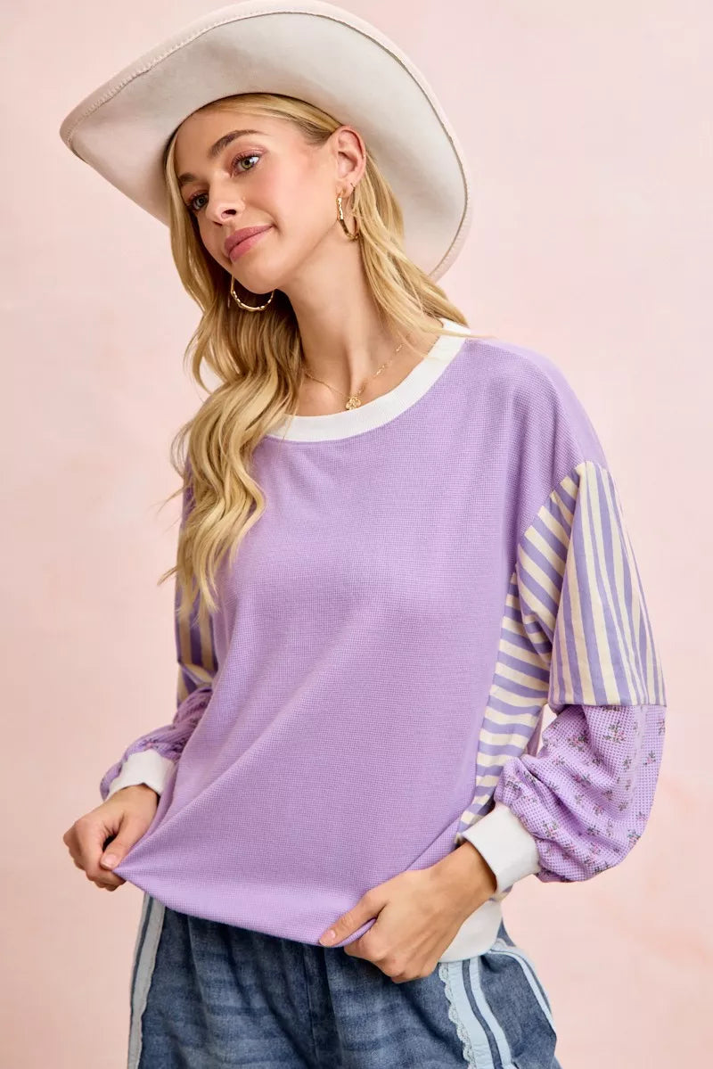 BiBi Mix and Match Sweatshirt with Floral Sleeve Striped