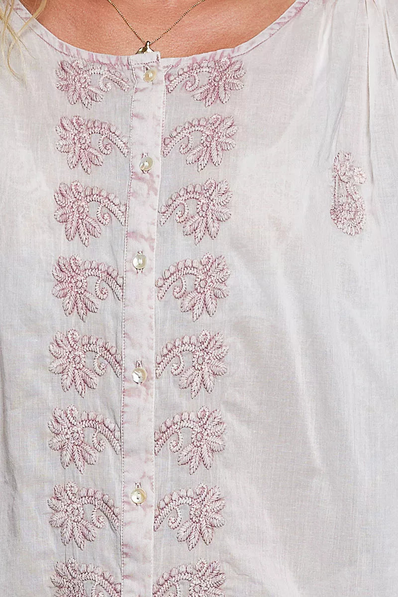 POL Embroidered Gathered Shoulder Long Sleeve Shirt