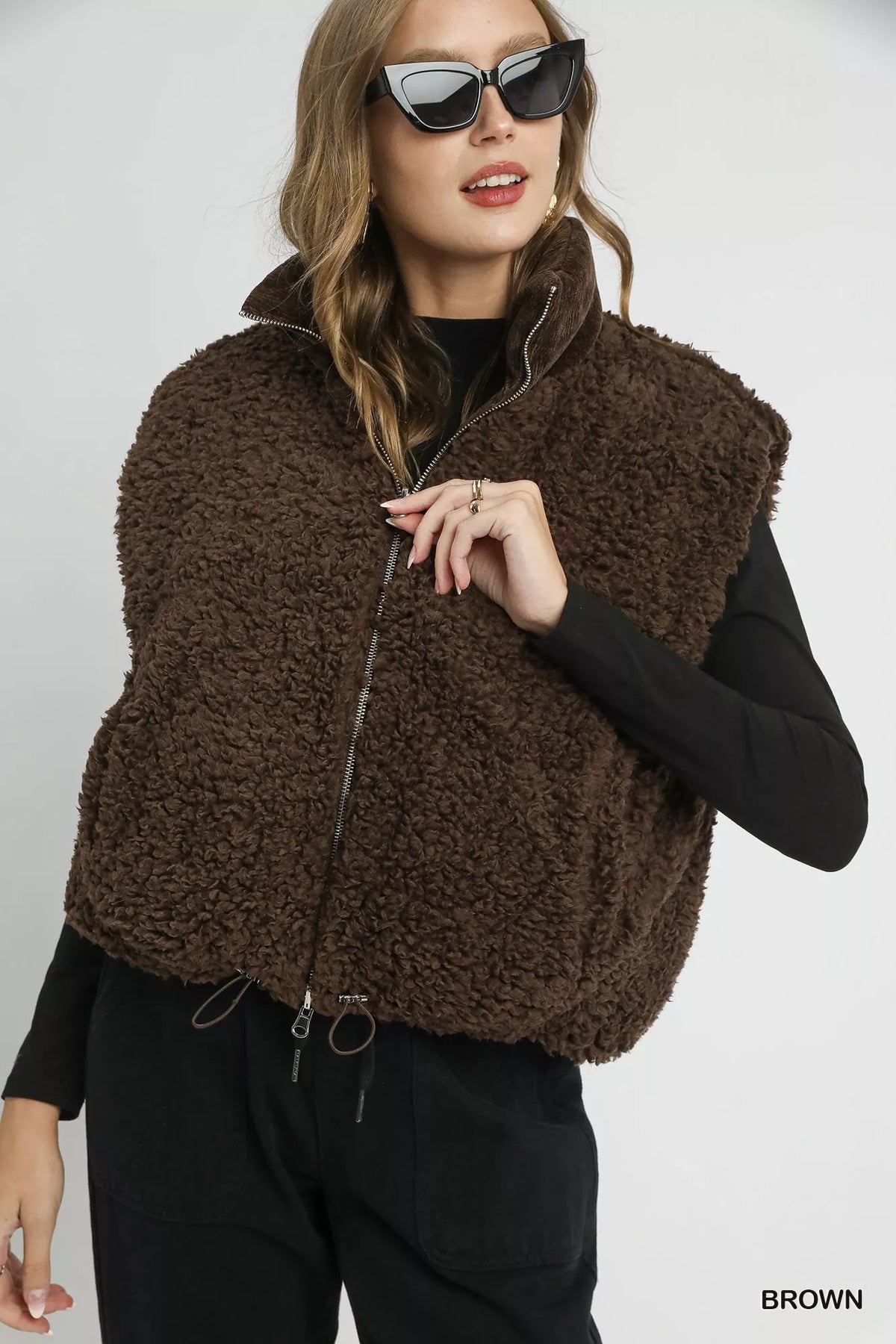 Umgee Sherpa-Lined Zip Vest with Drawstring Hem