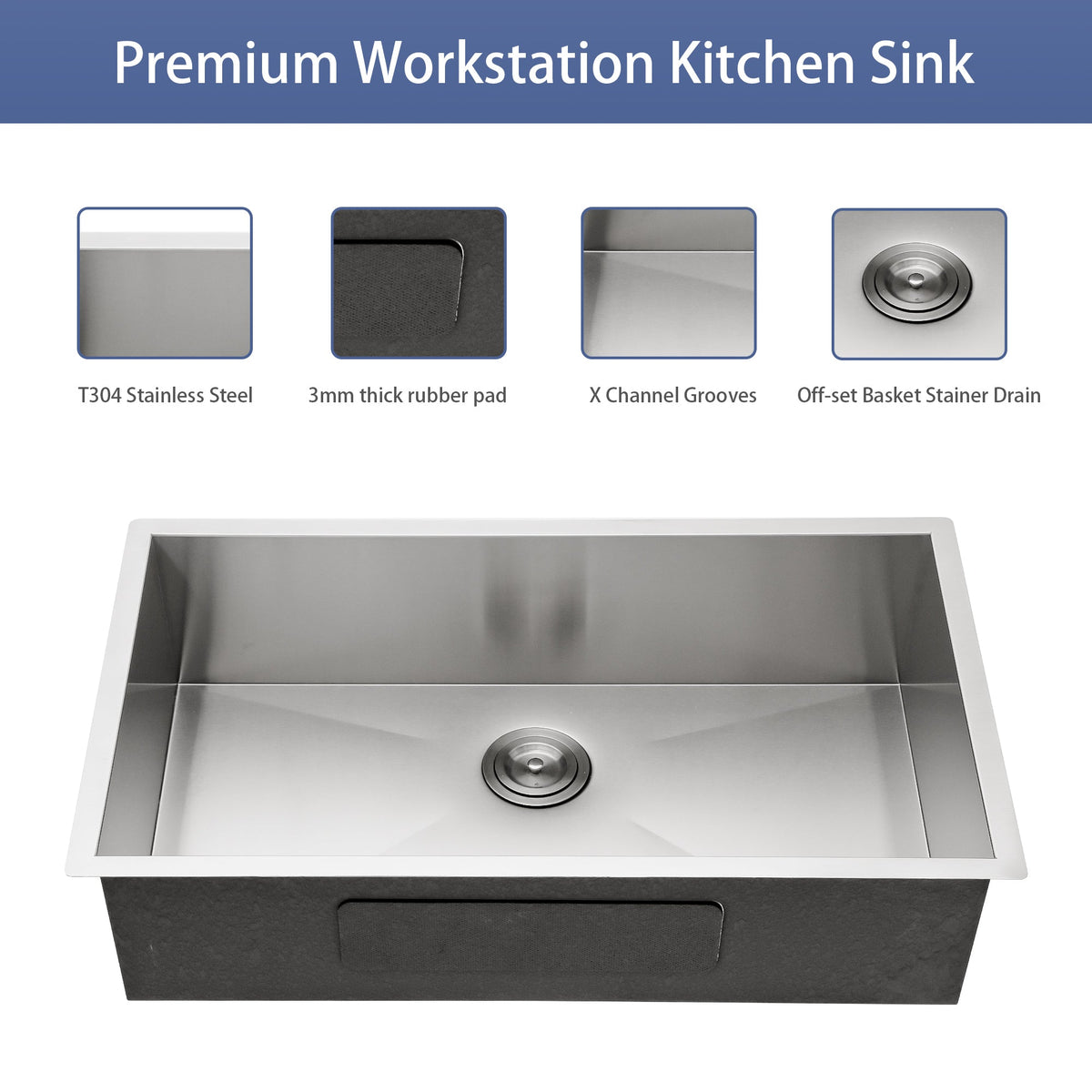 Modern Brushed Nickel 33 Inch Undermount Stainless Steel Kitchen Sink 16 Gauge, 9 Inch Deep Single Bowl