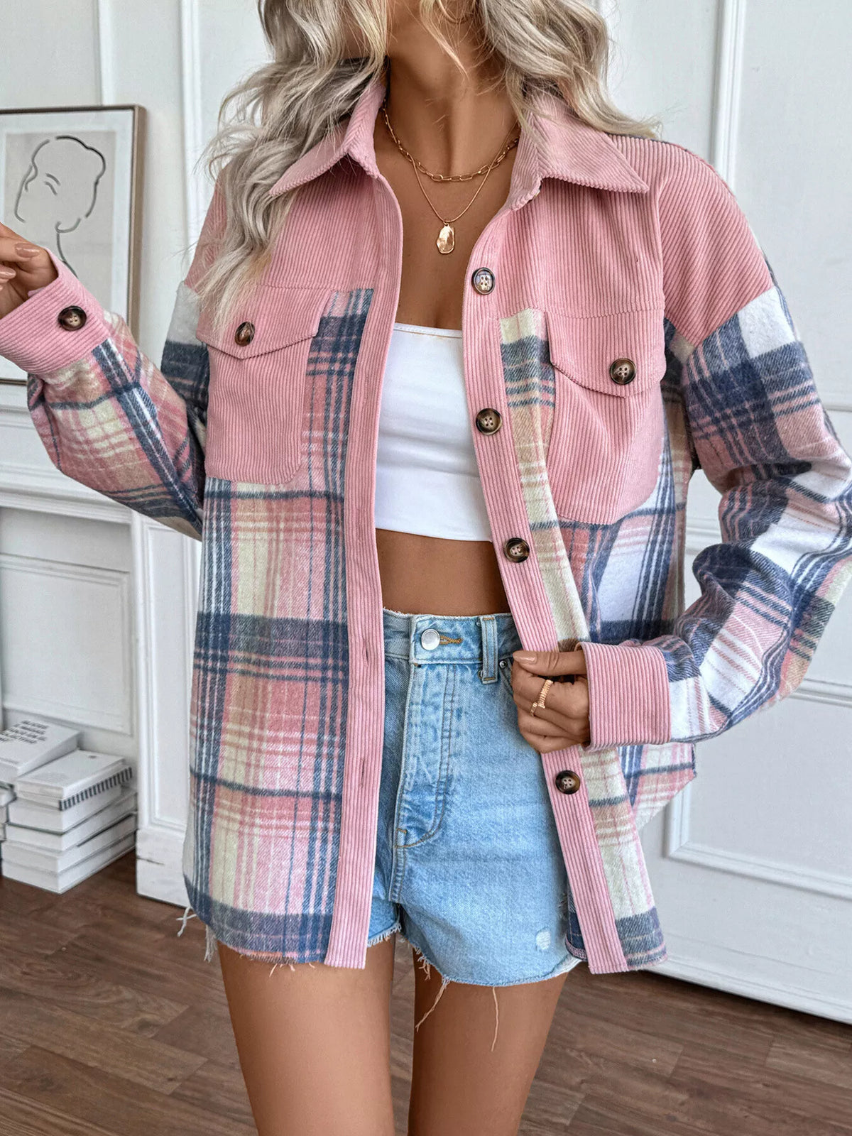 Plaid Button-Up Shacket with Chest Pockets