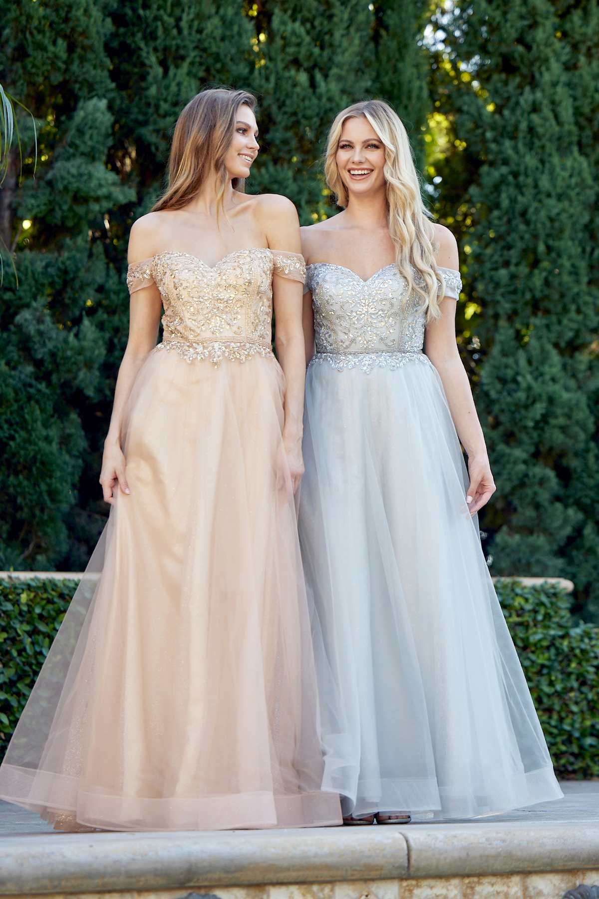 Juliet 287 Long Off the Shoulder Beaded Top A-Line Prom Dress