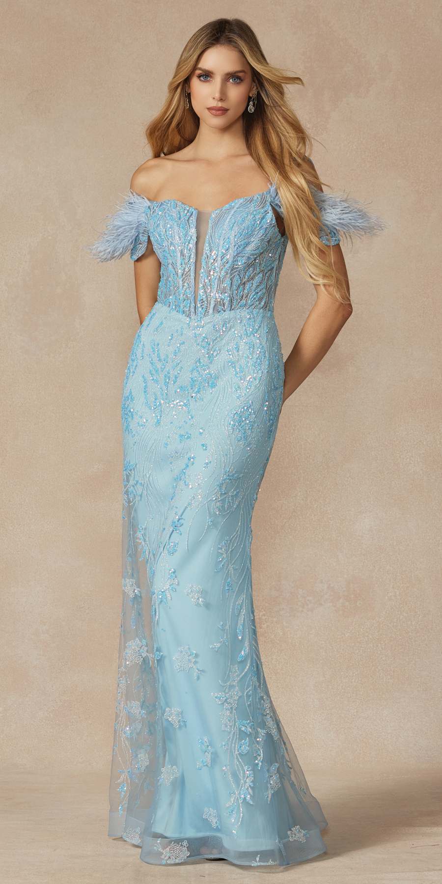 Juliet 288 Long Off the Shoulder Feather Strap Fitted Glitter Print Gown