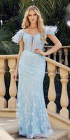 Juliet 288 Long Off the Shoulder Feather Strap Fitted Glitter Print Gown