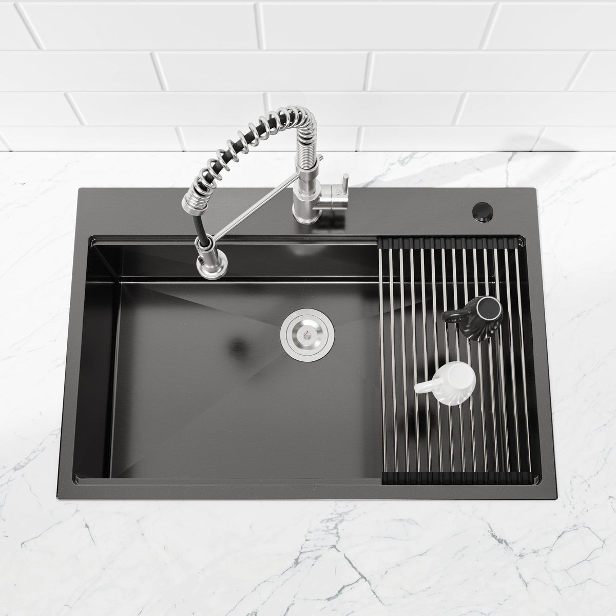 Stainless Steel Kitchen Sink, 30″x22″ Single Bowl, Overmount Handmade Sink in Black, with Cutting Board, Colander