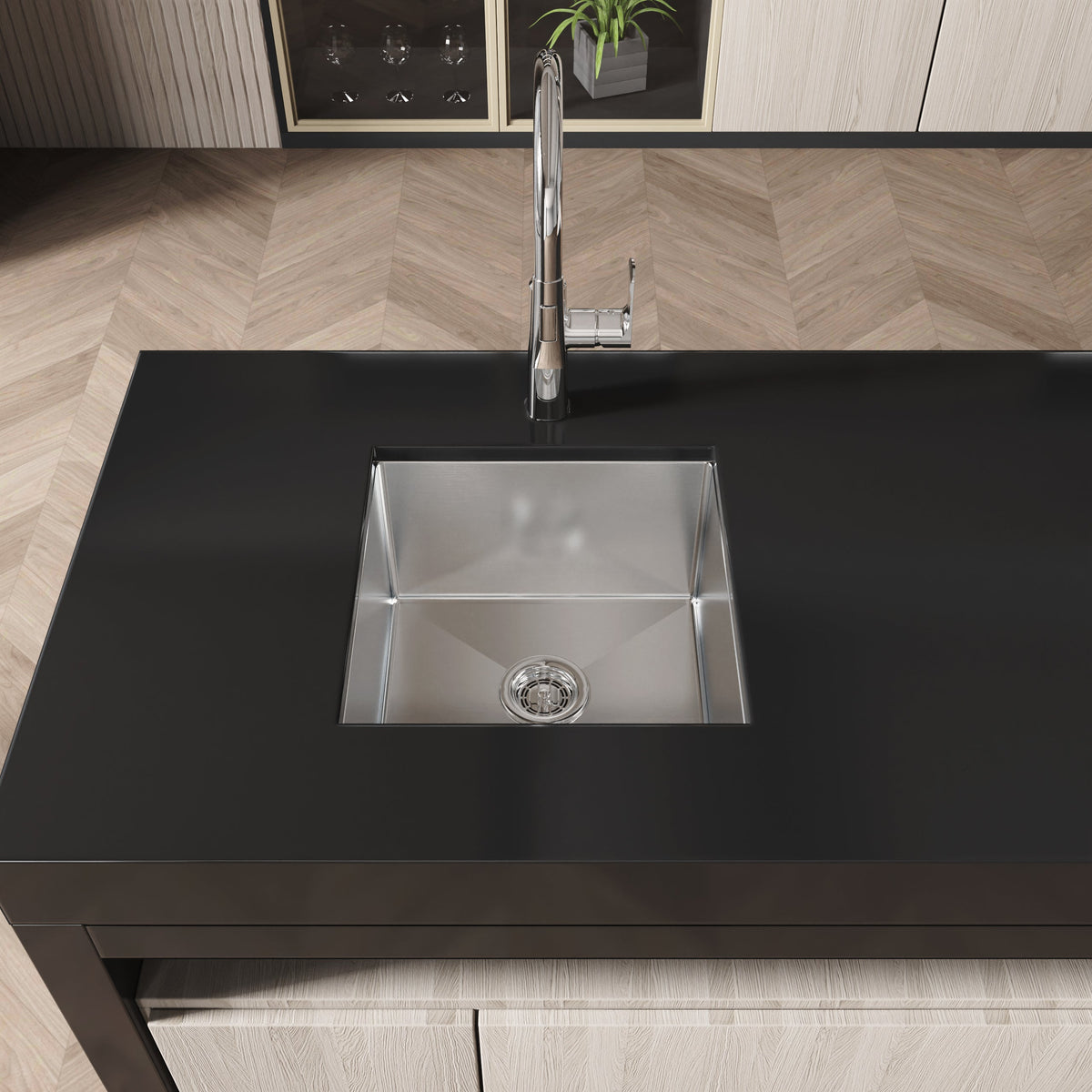Stainless Steel Kitchen Sink, 18″x18″ Single Bowl, Undermount HandmadeSink in Brushed Nickel, with US Standard Drain and Hook, LS-SSBR07