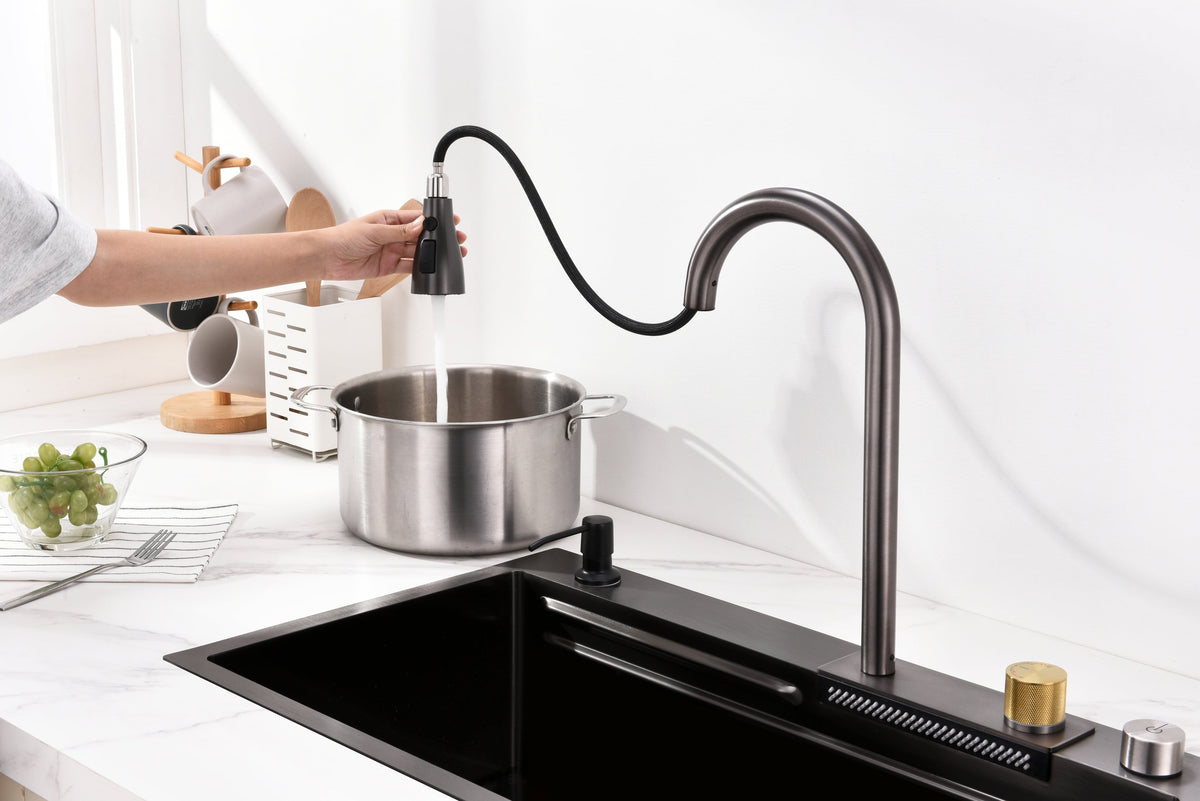 Waterfall Kitchen Sink, Stainless Steel Single Bowl in Black, Multifunctional Workstation with Flying-rain Faucet and Cutting Board, 30×18″ Stainless Steel Single Bowl Sink, LS-SSBL05