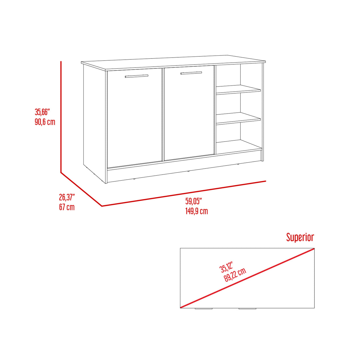 Kitchen Island Two Cabinets, Three Open Shelves, White / Dark Brown