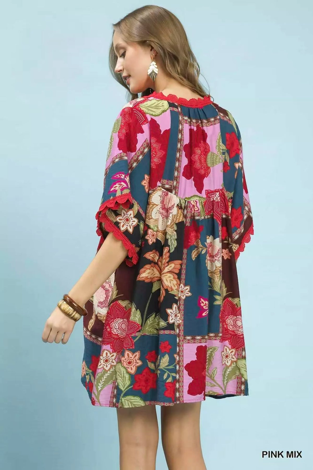 Umgee Abstract Print V-Neck Mini Dress