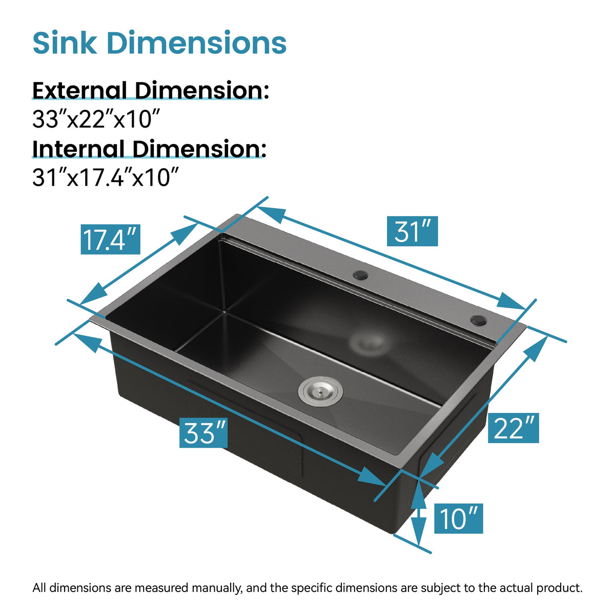 Stainless Steel Kitchen Sink, 33″x22″ Single Bowl, Overmount Handmade Sink in Black, with Cutting Board, Colander