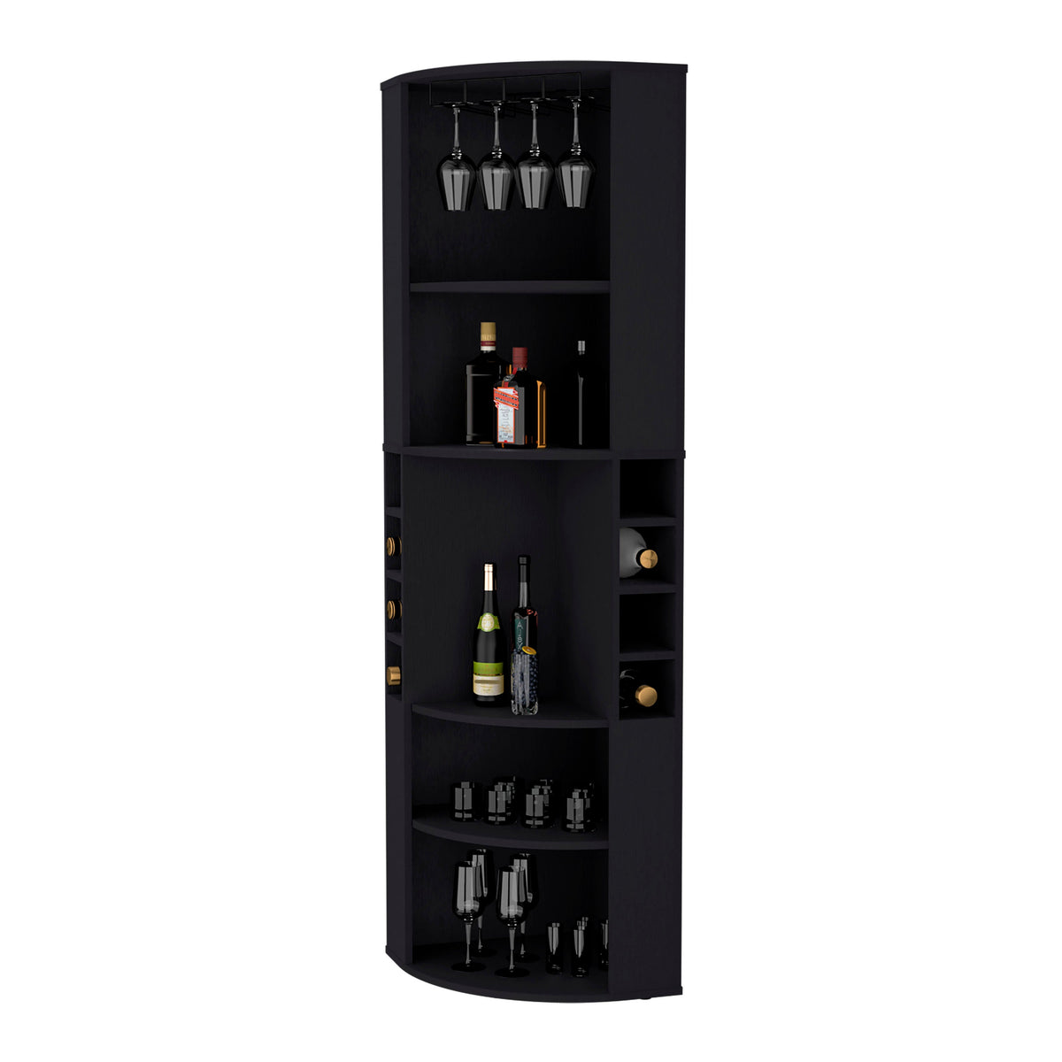 FM FURNITURE Clifton Corner Bar Cabinet, with 5 shelves,Cup Hanger and Eight Built-in Wine Rack, Black