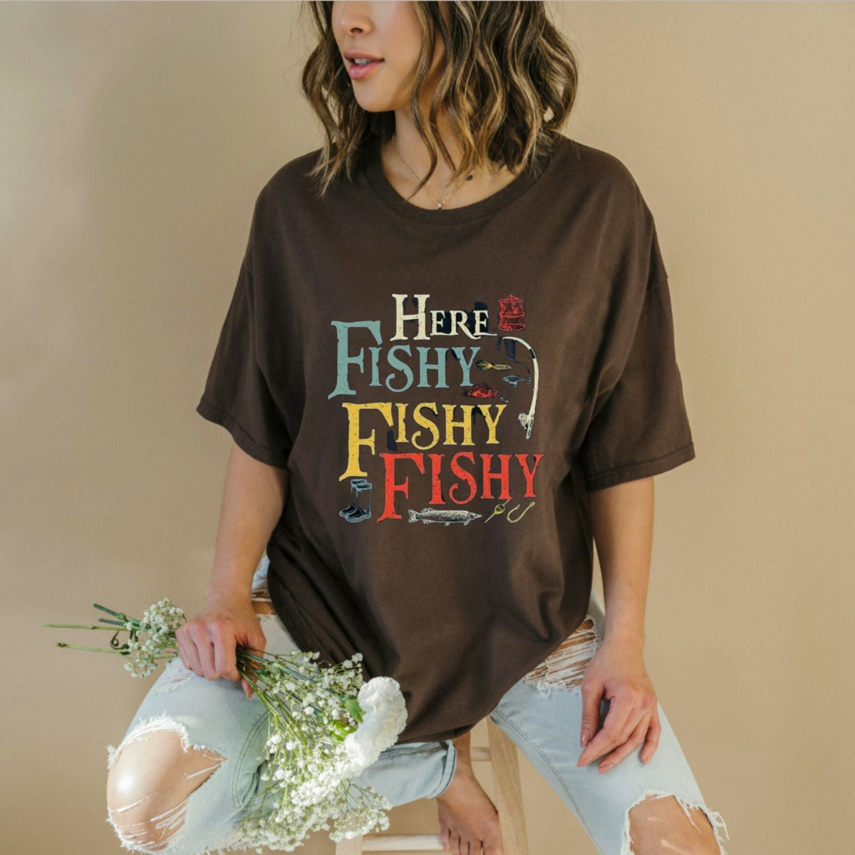 Men's "Here Fishy Fishy" T-Shirt – 100% Cotton Quick-Dry Fishing Graphic Tee 180gsm