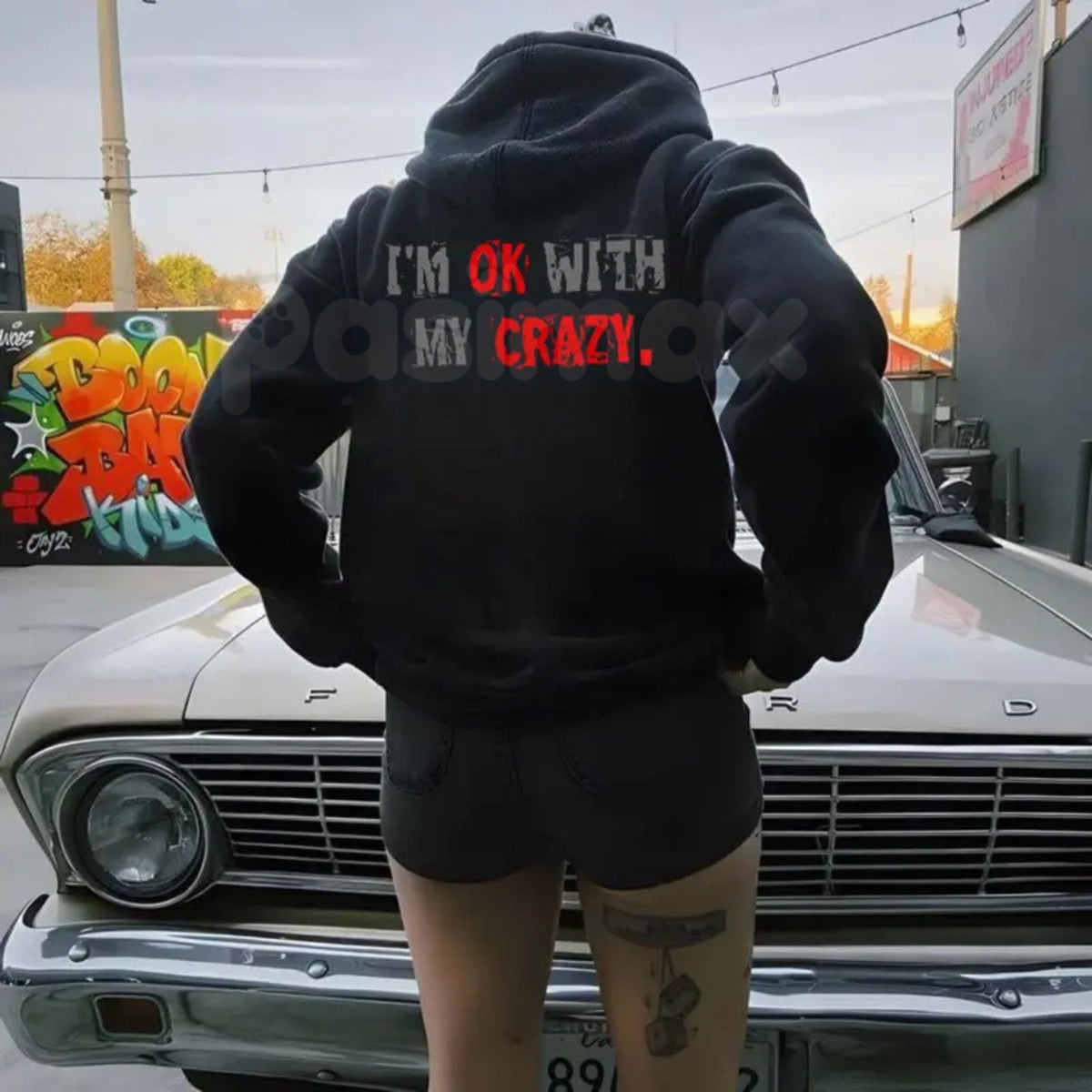"I’m OK With My Crazy" Funny Graphic Hoodie – Sarcastic Self-Love Pullover, Relatable Humour Aesthetic Sweatshirt, Unisex