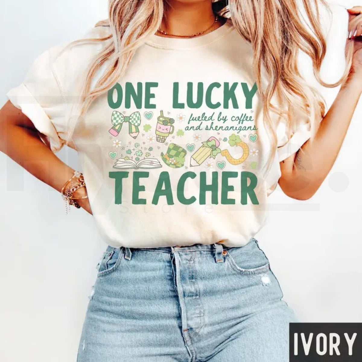 Comfort Colors® One Lucky Teacher St Patrick's T-Shirt – 'Fueled By Coffee and Shenanigans' Clover Tee