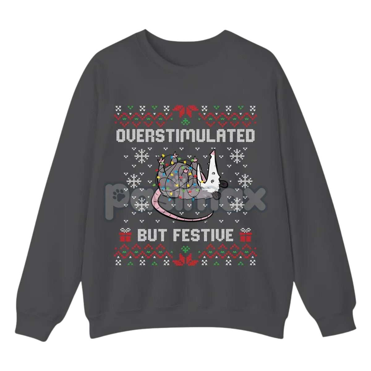 Funny Opossum Christmas Sweatshirt – "Overstimulated But Festive" Ugly Holiday Top