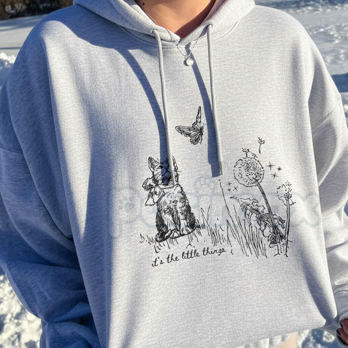 "Enjoy The Little Things" Cute Cat & Nature Hoodie – Whimsical Aesthetic Pullover, Cozy Cat Lover Streetwear, Unisex Nature-Inspired Sweatshirt