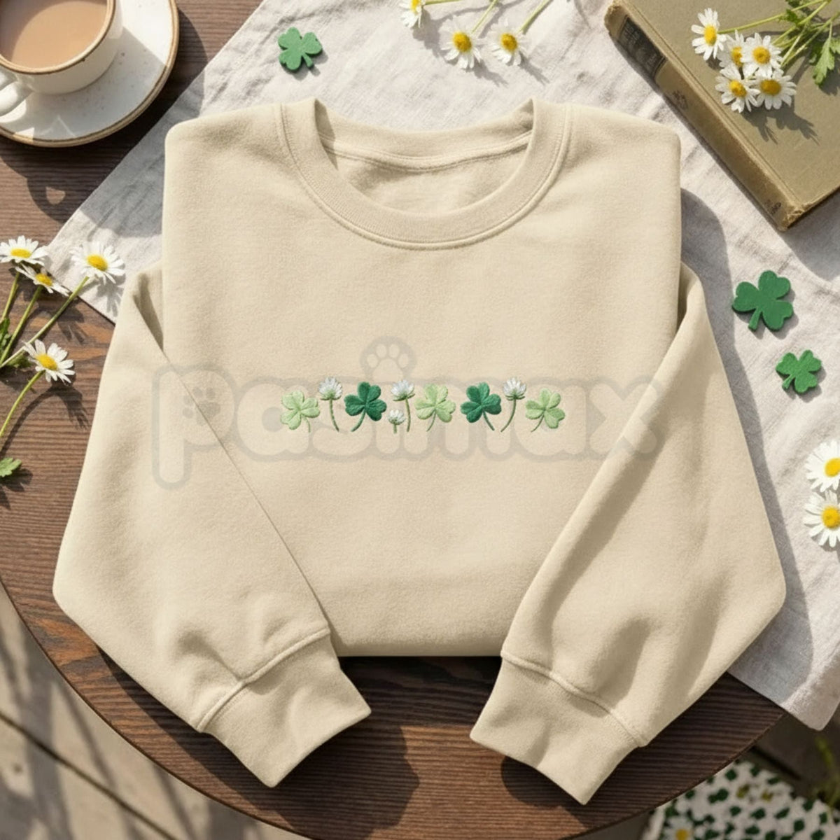 Embroidered Shamrock Meadow Crewneck – St. Patrick’s Day Lucky Four-Leaf Flower Sweatshirt