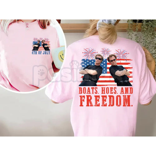 "Boats, Hoes & Freedom" Step Brothers 4th of July T-Shirt – Funny 2-Side Patriotic Graphic Tee, Premium 100% Cotton Independence Day Top, Sarcastic USA Summer Party Apparel, Made in USA