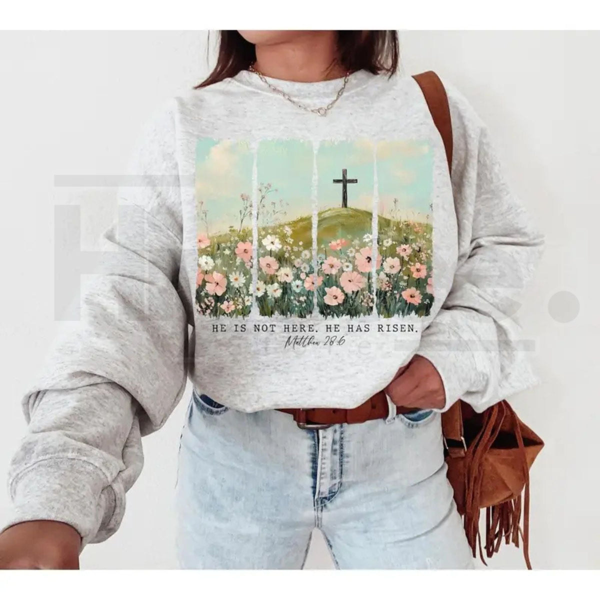 He Is Risen Wildflower Crewneck: Aesthetic Boho Christian Easter Sweatshirt