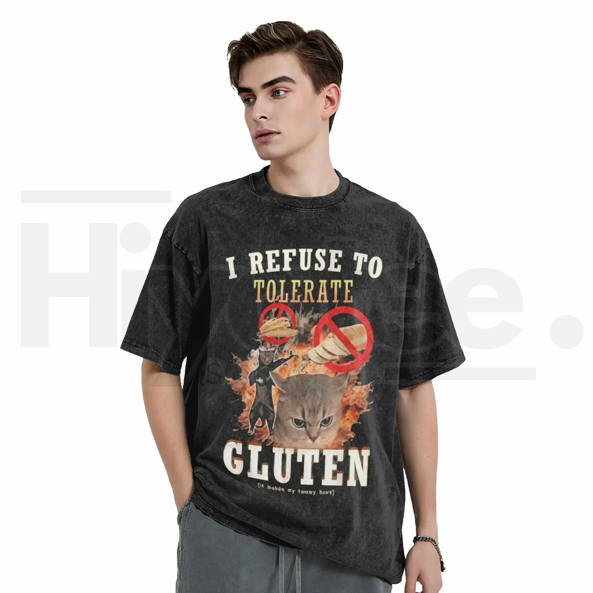 Sassy Cat "Gluten Free" Vintage Washed Tee – 230G Heavy Cotton Oversized Meme Top