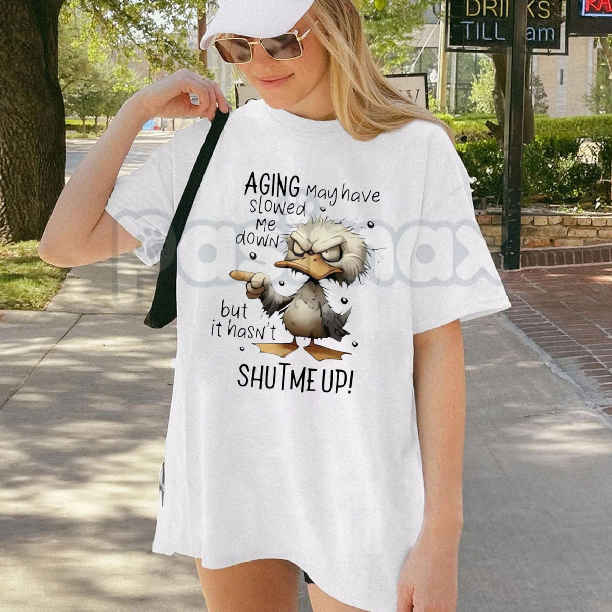 "Aging May Have Slowed Me Down But It Haven't Shut Me Up" T-Shirt - Funny Senior Humor Graphic Tee, Premium 100% Cotton Sarcastic Retirement Gift, Witty Old Age Statement Top, Soft Lived-In Heavyweight Casual Apparel, Grandpa & Grandma Birthday Shirt