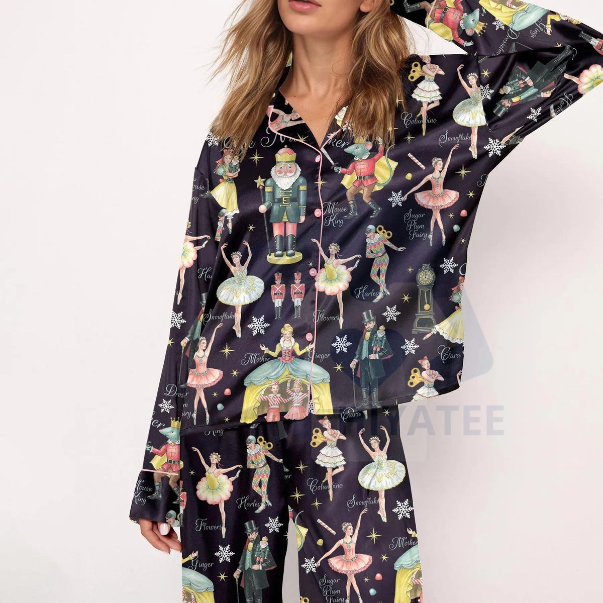 Nutcracker Ballet Christmas Satin Pajama Set For Women Print Comfy Satin Sleepwear & Loungewear Pjs Printing Silky Top & Bottoms