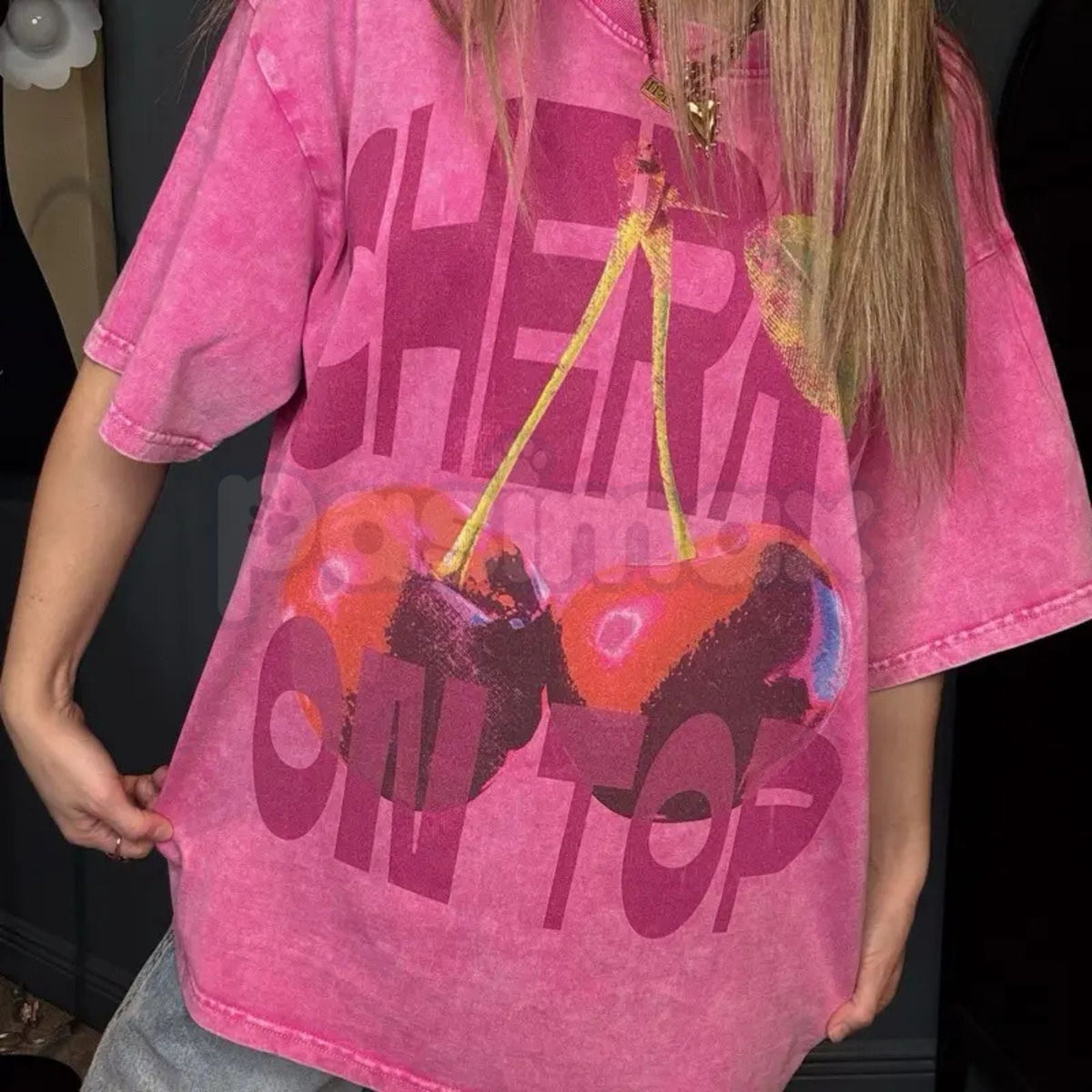 "CHERRY ON TOP" Vintage Wash Graphic Tee – Retro Aesthetic Fruit Print, Oversized Coquette Streetwear T-Shirt