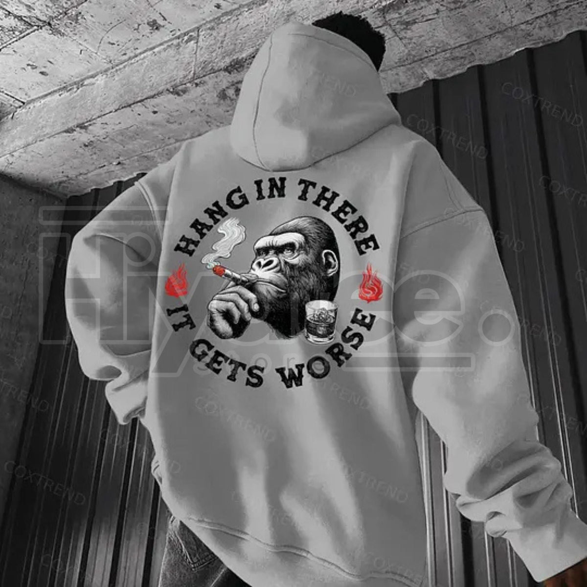 "Hang In There It Gets Worse" Monkey Print Hoodie