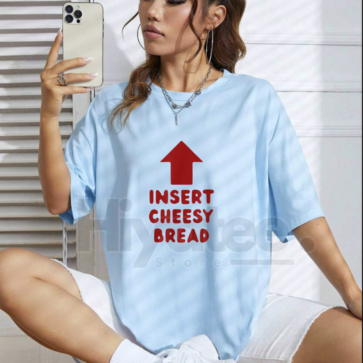 "Insert Cheesy Bread" Funny Foodie T-Shirt – Arrow Pointing To Mouth Graphic Tee