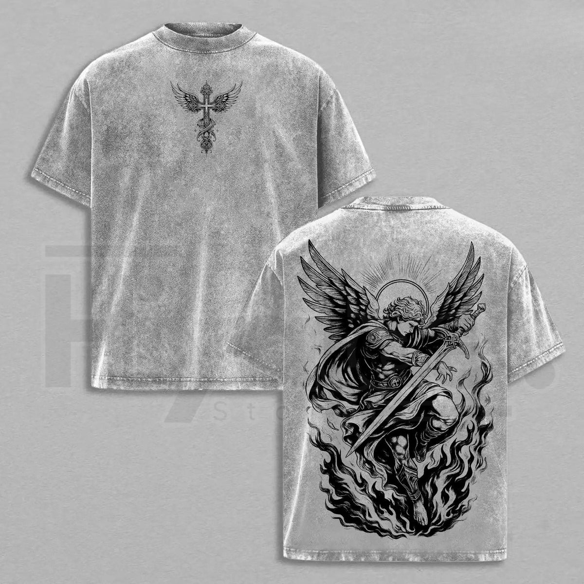 Archangel Michael "Angel of Fire" Vintage Washed Oversized Tee – Heavy Cotton Christian Streetwear