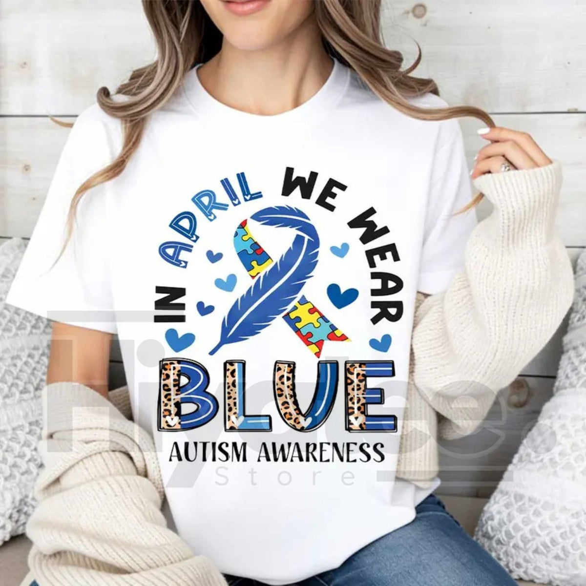 "In April We Wear Blue" Autism Awareness – Ribbon Puzzle Piece Women's Top
