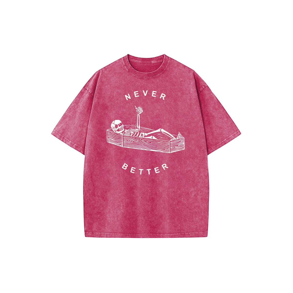 "Never Better" Skeleton Round Neck Acid Washed T-Shirt – Casual Comfort for Everyday Wear