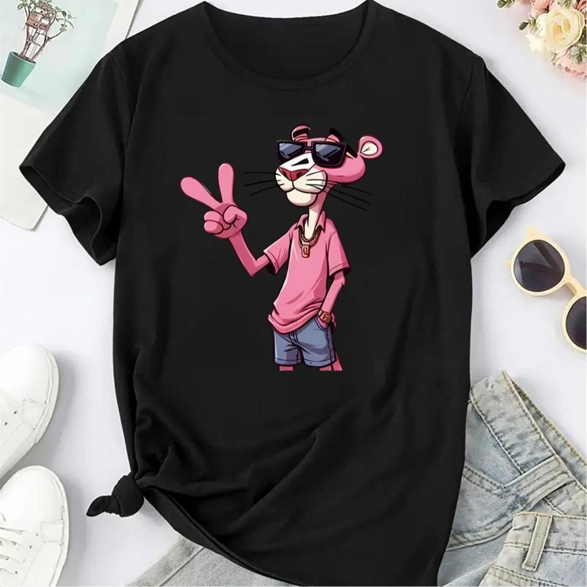 Women's Pink Panther Tee - Timeless Cartoon Graphic Shirt, Playful Casual Apparel