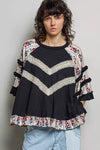 POL Round Neck Half Sleeve Contrast Floral Lace Oversized Knit Top