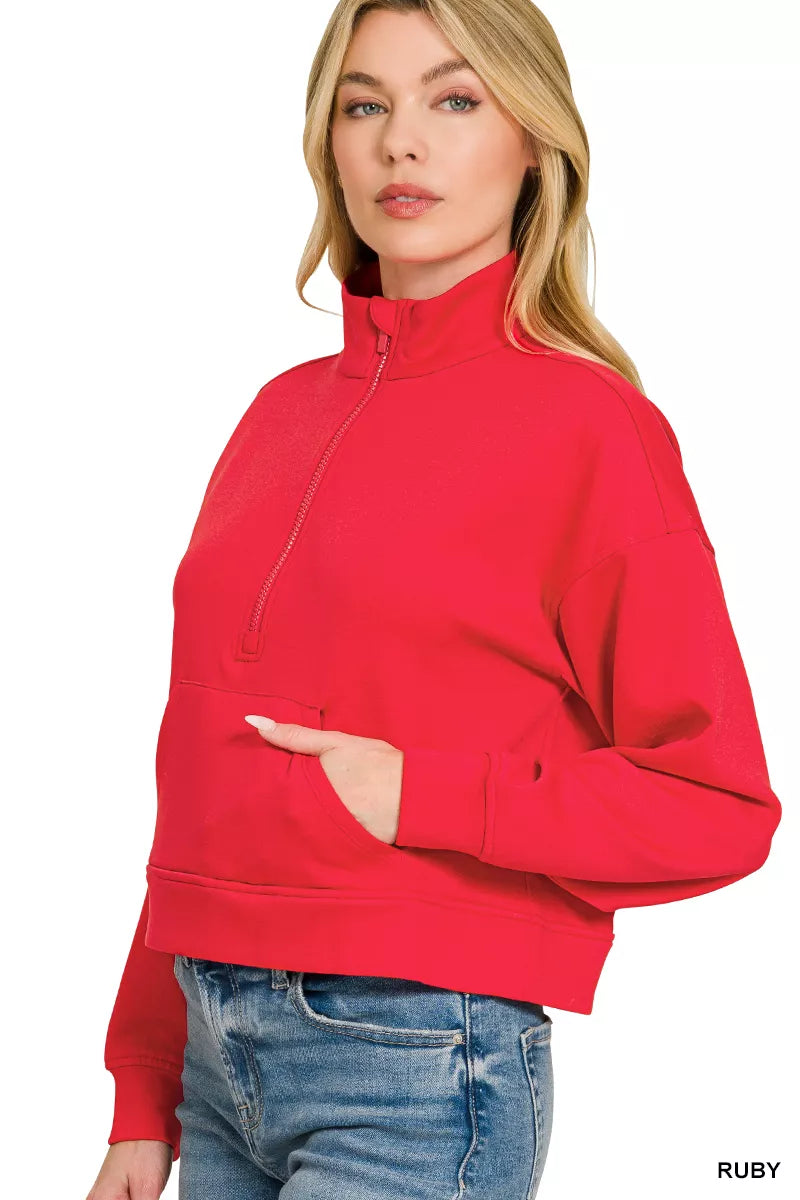 Zenana Scuba Half Zip Pullover With Kangaroo Pockets