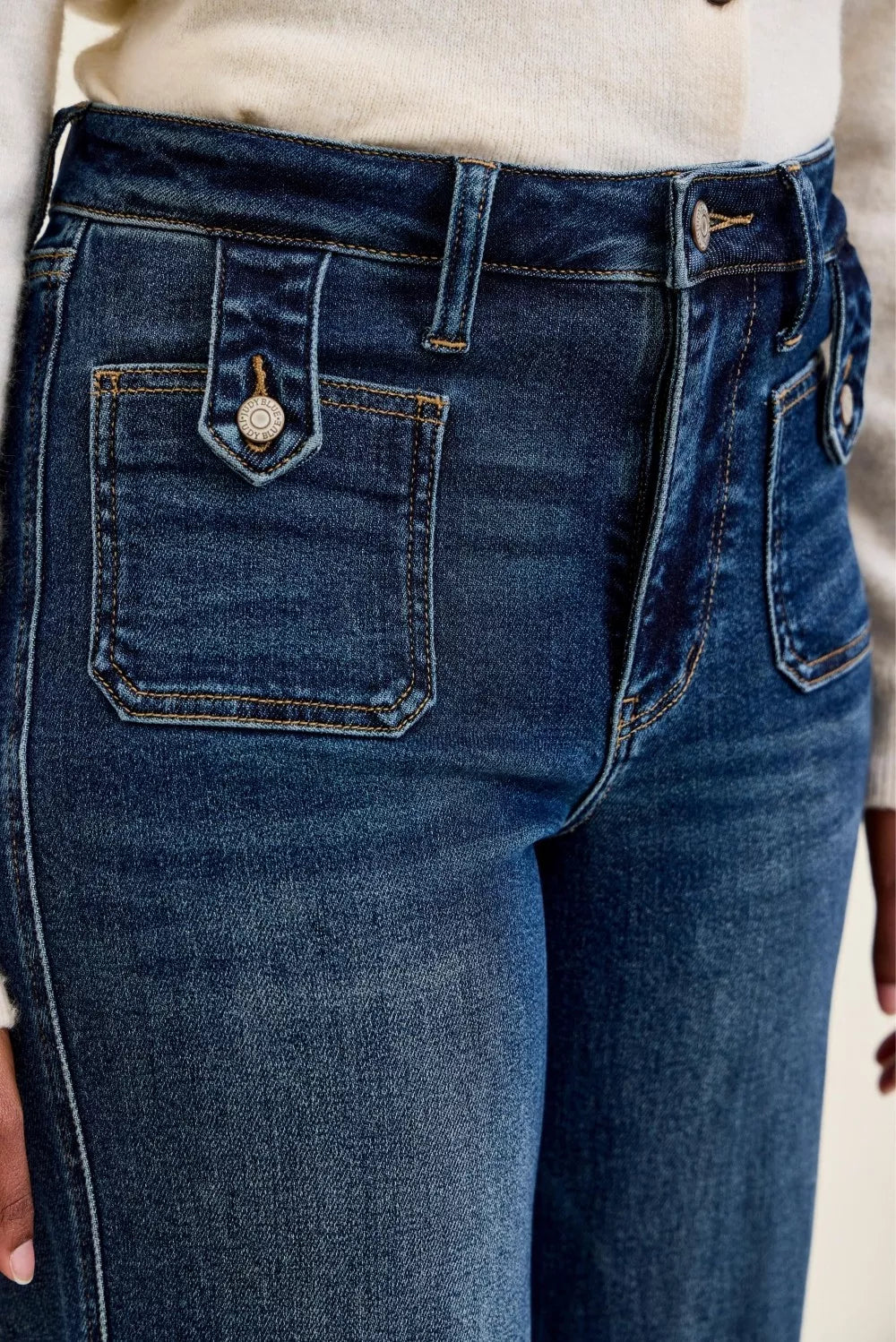 Judy Blue High Waist "lux" Retro Wide Jeans with Front Patch Tab Closure Dk Fade Indigo