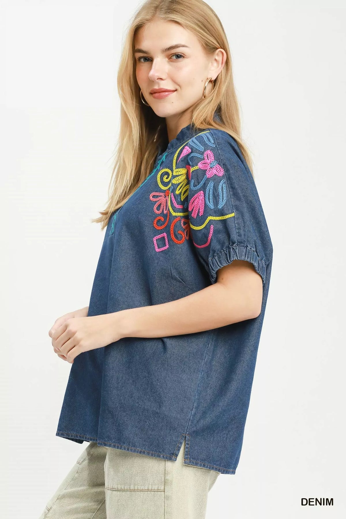 Umgee Embroidered Denim Puff Sleeve Top