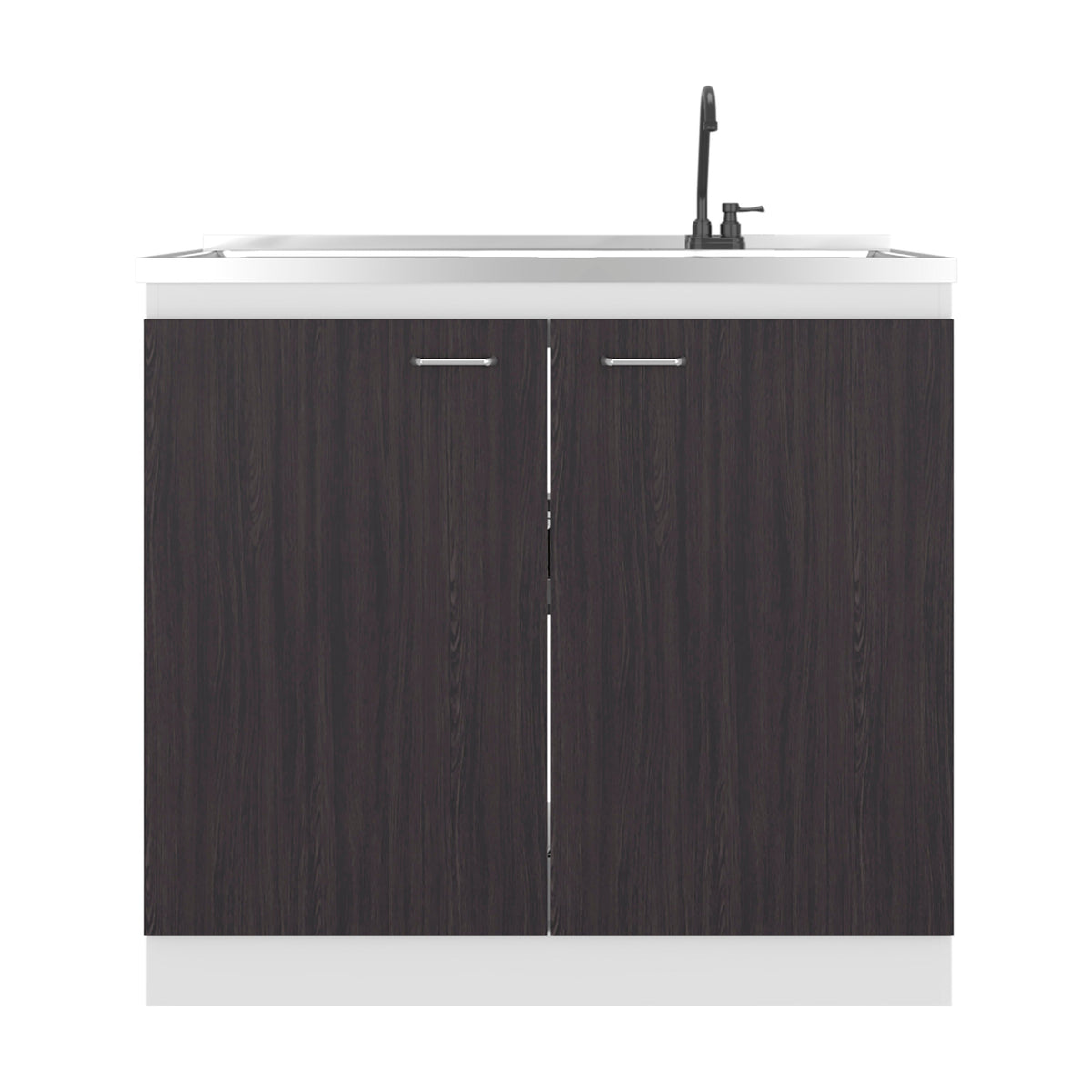 Napoles Utility Sink with Faucet Inclued and Integrated Stainless Steel Counter top, Freestanding cabinet with two doors, Metal Handles and Two interior shelves, Black & White Print