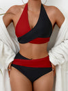 Bikini Black and White Contrast Color Criss Cross Neck 2 Piece Swimsuit for Women – Stylish Medium Stretch Two-Tone Bikini Set with Unique Neckline and Flattering Fit – Modern Swimwear for Beach Days, Pool Lounging, and Summer Escapes